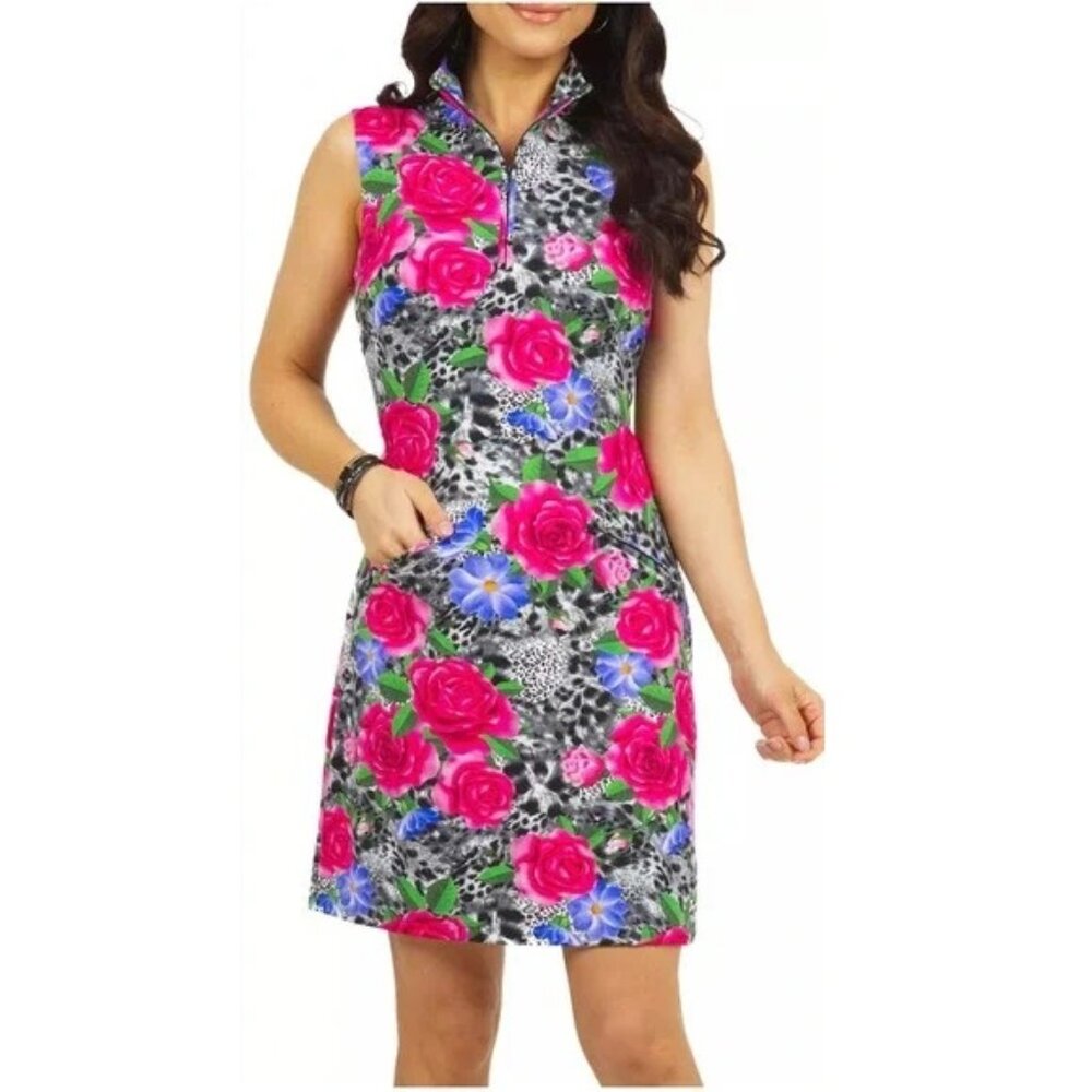 Ibkul Jovanna Sleeveless Mock Neck Dress Watermelon/Black Floral‎ Print Small